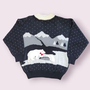 Vtg NUTCRACKER Black Sweater Size 20W Collared Polar Bears Mixed Media Winter